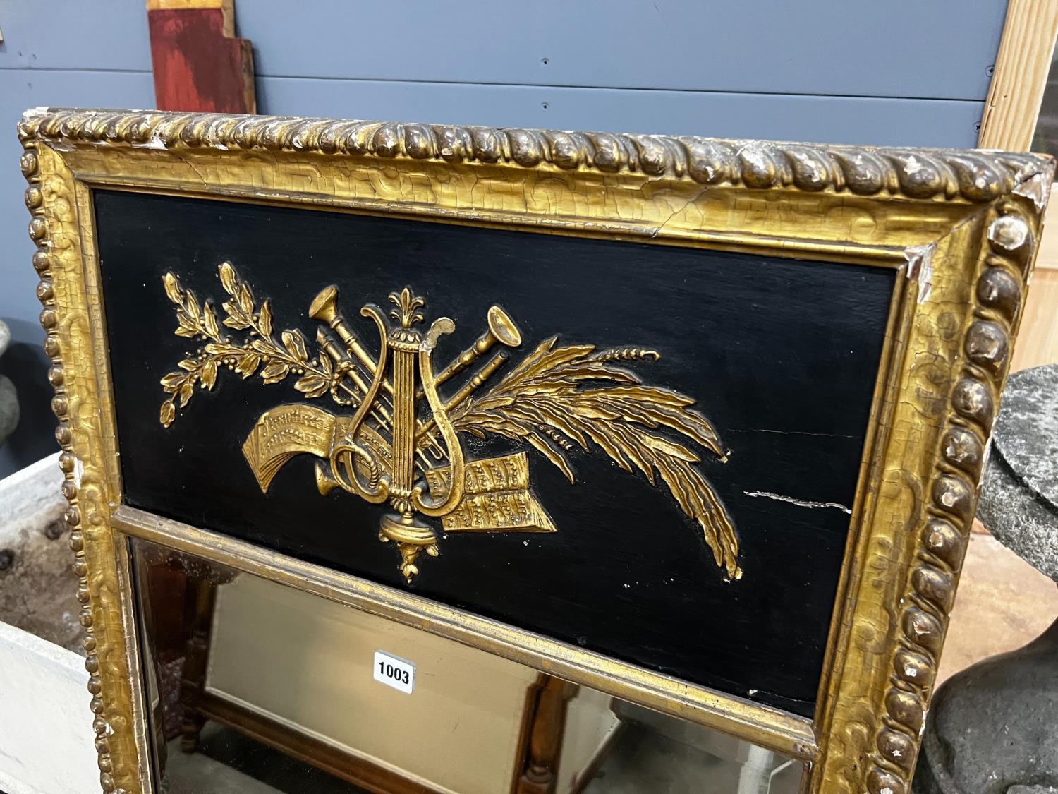 A Regency painted gilt and gesso pier glass with musical trophy tablet, width 62cm, height 124cm - Image 2 of 4