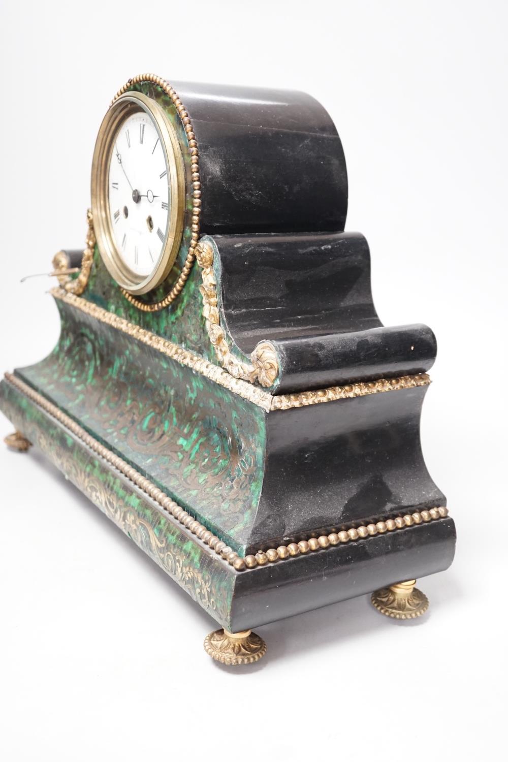 A 19th century French green Boulle work mantel clock. 41cm wide - Image 8 of 14