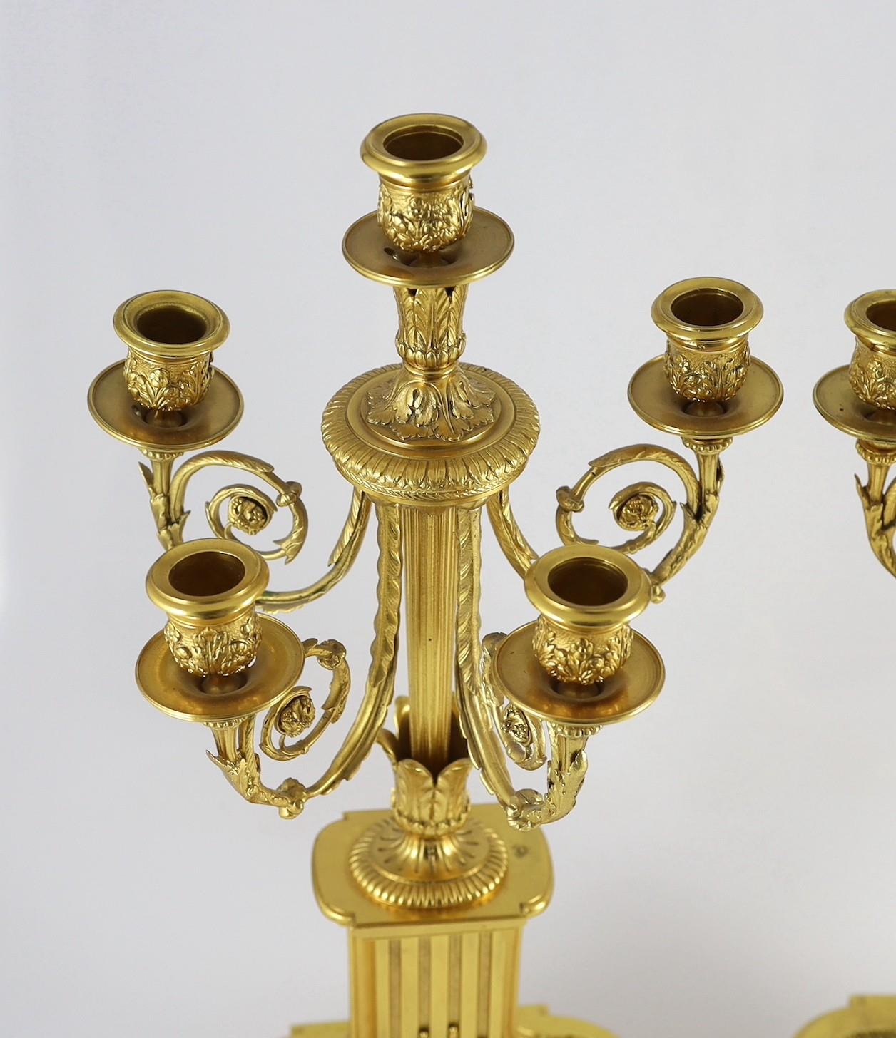 A pair of 19th century French ormolu five light candelabra, with foliate scroll branches and stepped - Image 2 of 6