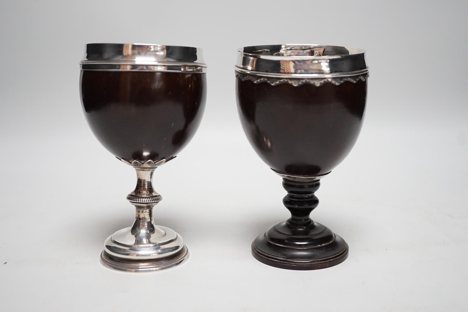 Two late 18th century white metal mounted pedestal coconut cups, one hallmarked silver for John - Image 2 of 7