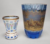 Two Bohemian glass vases, The largest blue glass vase in a mood with a horse and carriage scene,