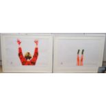 Corinne Chatychi?, pair of colour prints, Figure with raised arms and legs, signed in pencil, 49 x