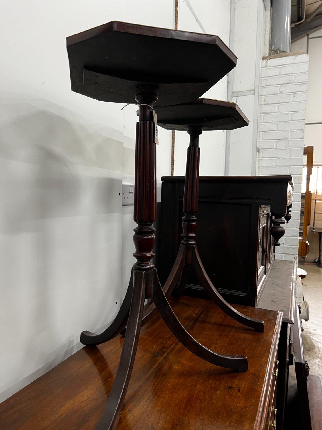 A pair of Regency style brass mounted mahogany octagonal top tripod tables, width 39cm, depth - Image 3 of 3