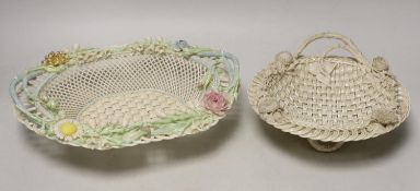 A Belleek coloured basket and similar smaller basket, large coloured basket, 29cms wide