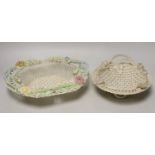 A Belleek coloured basket and similar smaller basket, large coloured basket, 29cms wide