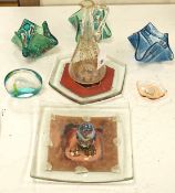 Three glass handkerchief vases and six other glass items