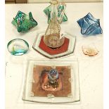 Three glass handkerchief vases and six other glass items