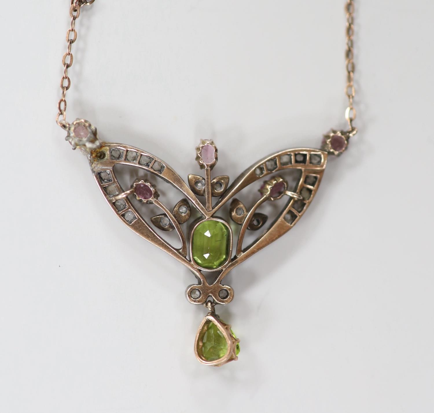 A late Victorian 9ct and white metal. peridot, pink topaz? and rose cut diamond set pendant necklace - Image 3 of 3