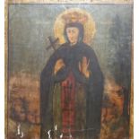 19th century Russian School, tempera on panel, Icon of a female saint, 62 x 58cm