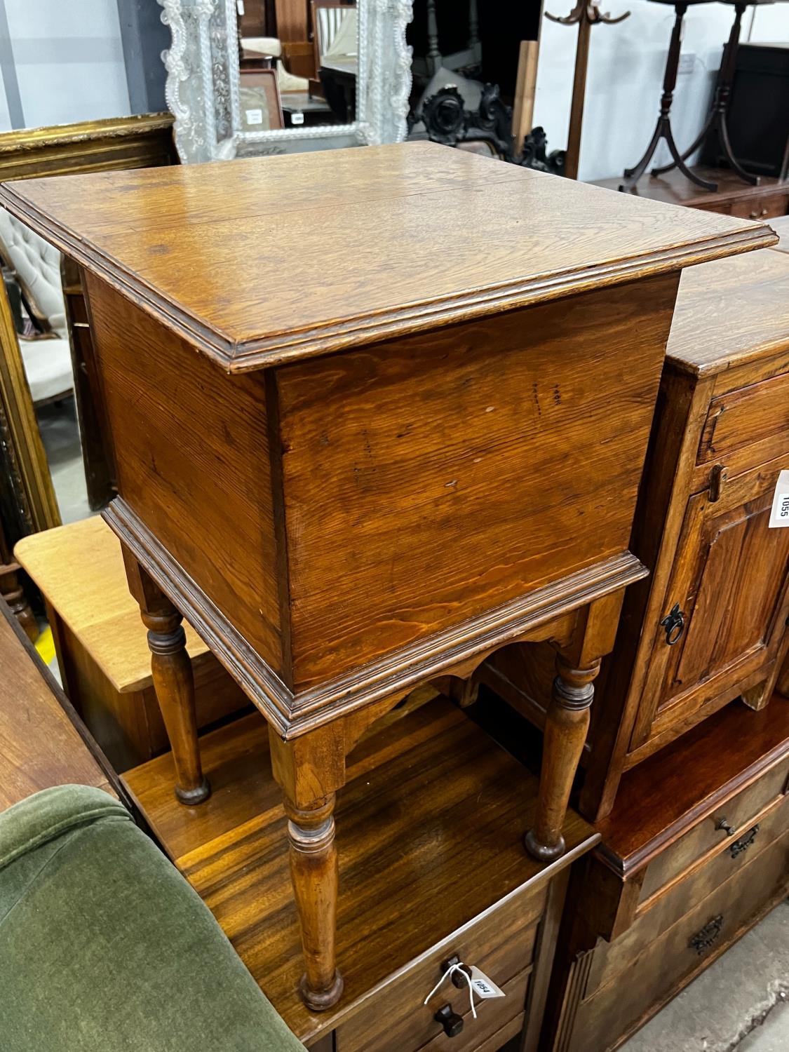 A mid century teak three drawer bedside chest, height 77cm together with an oak and pine workbox - Image 2 of 6