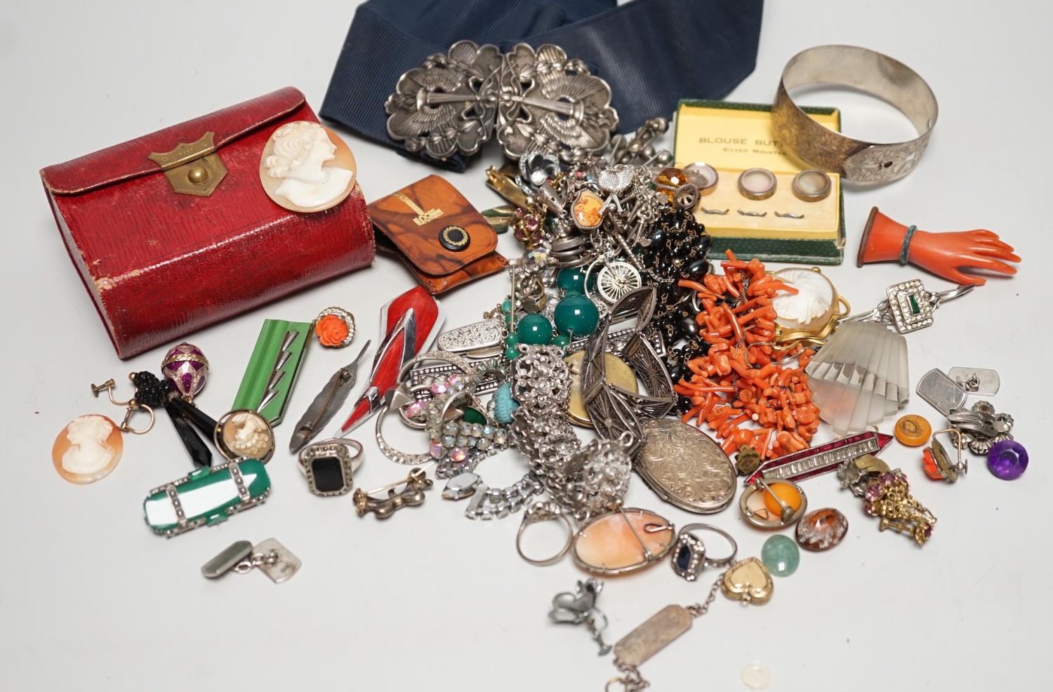 Assorted costume jewellery and other items including a silver belt buckle and enamelled egg