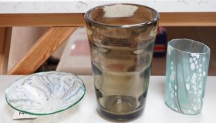 A Whitefriars glass vase and two Isle of Wight glass items
