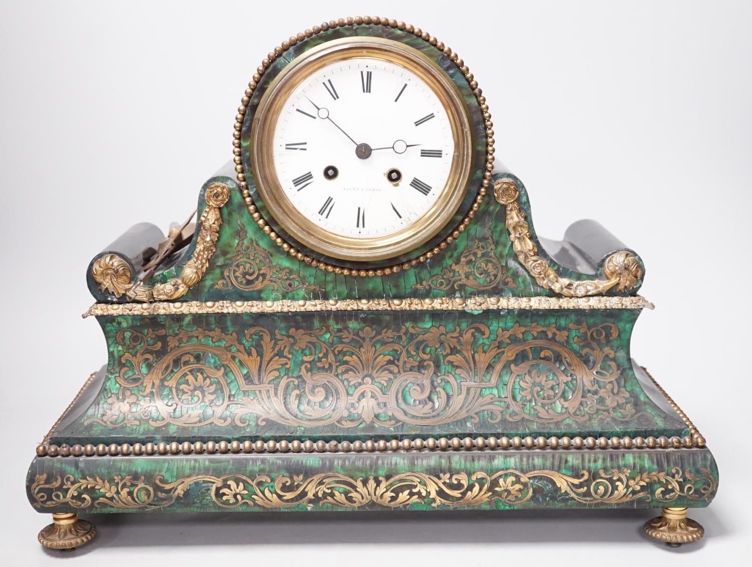 A 19th century French green Boulle work mantel clock. 41cm wide