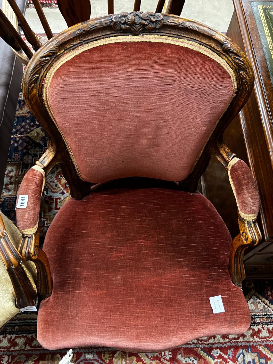 A late 19th century French upholstered oak fauteuil, width 68cm, depth 50cm, height 91cm - Image 3 of 3