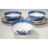Three English pearlware blue and white bowls and two Samson plates
