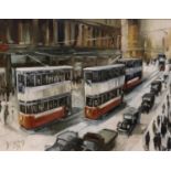 Malcolm Young (b.1937), oil on board, Street scene with trams, signed and dated '74, 44 x 59cm