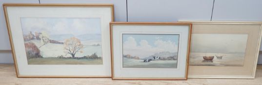 Jack Amey (20th C.), three watercolours, 'Spring at Amberley', 'Cattle at Washington' and 'Beached