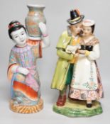 A Chinese porcelain figure of a lady together with a continental porcelain figure group, tallest