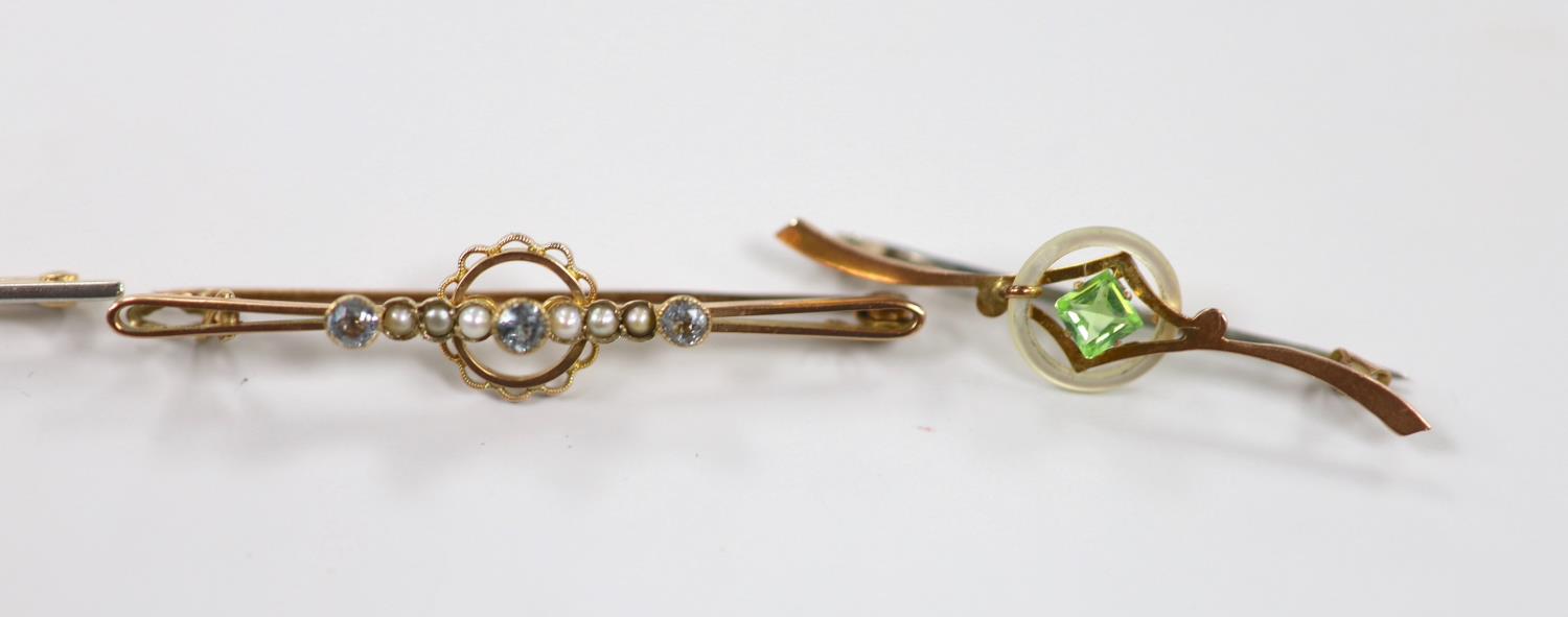 A Victorian 15ct, diamond and seed pearl cluster set bar brooch, 59mm, gross 4 grams and three other - Image 3 of 3