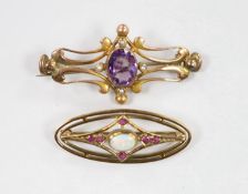 Two early 20th century yellow metal and gem set brooches, including amethyst and seed pearl, 45mm