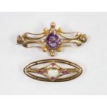 Two early 20th century yellow metal and gem set brooches, including amethyst and seed pearl, 45mm