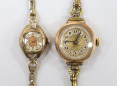 A lady's early 20th century 9ct gold manual wind wrist watch, on a gold plated bracelet and a lady's