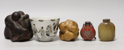 A 19th century Chinese enamelled porcelain cup, two carvings and two scent bottles