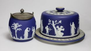 A Wedgwood jasper ware cheese dome and biscuit barrel