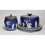 A Wedgwood jasper ware cheese dome and biscuit barrel
