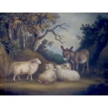 Benjamin Zobel (British, 1762-1831), sand picture, Sheep and a donkey in a wooded landscape, signed,