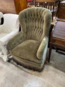 A Victorian style buttoned cord fabric spoonback rocking armchair, width 78cm, depth 70cm, height