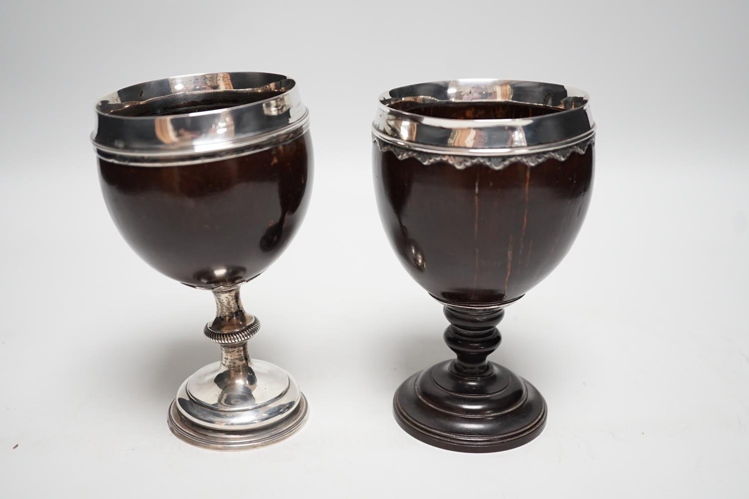 Two late 18th century white metal mounted pedestal coconut cups, one hallmarked silver for John - Image 6 of 7