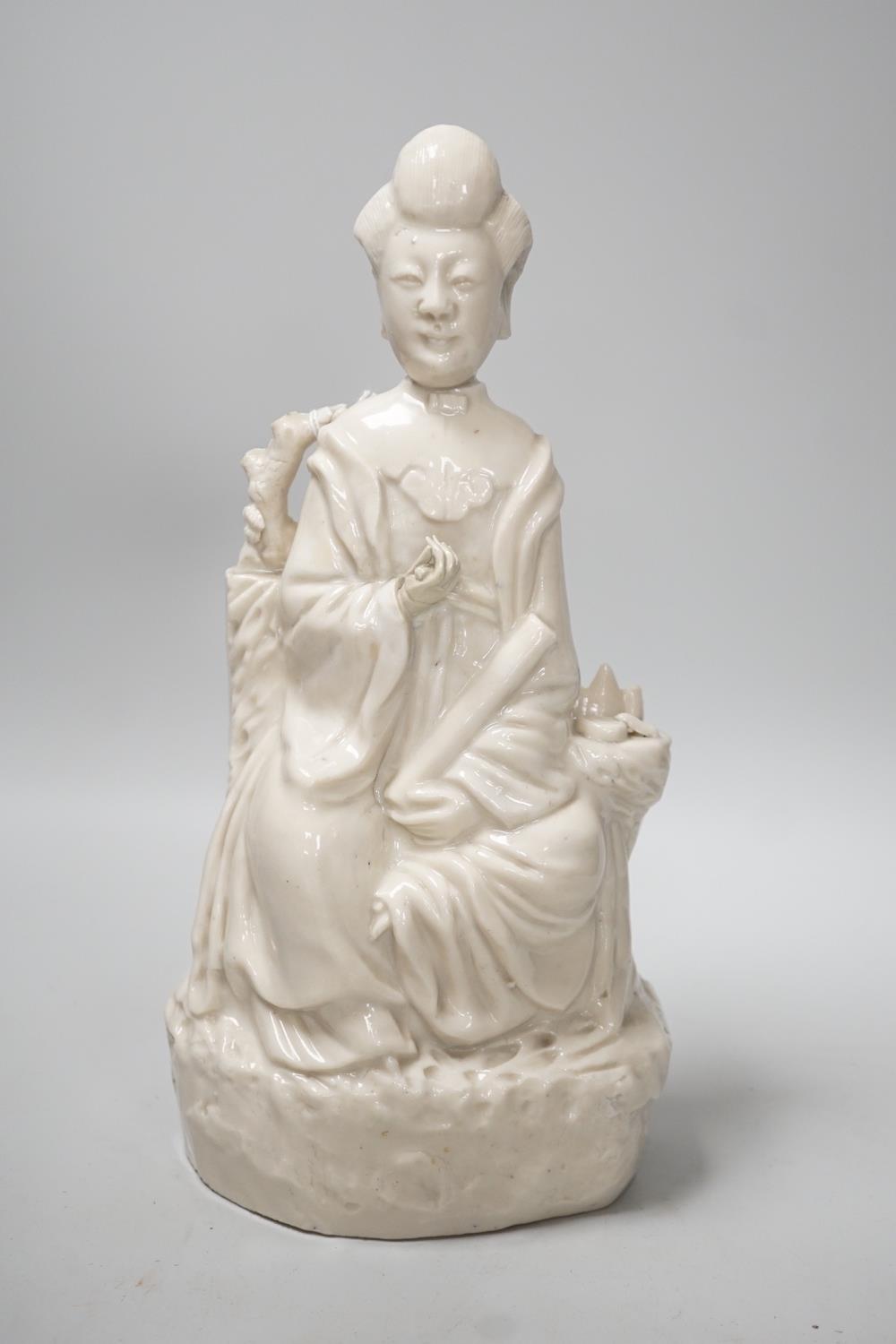 A Chinese enamelled blanc de chine figure of Guanyin, together with three other figures. 28cm tall - Image 10 of 11