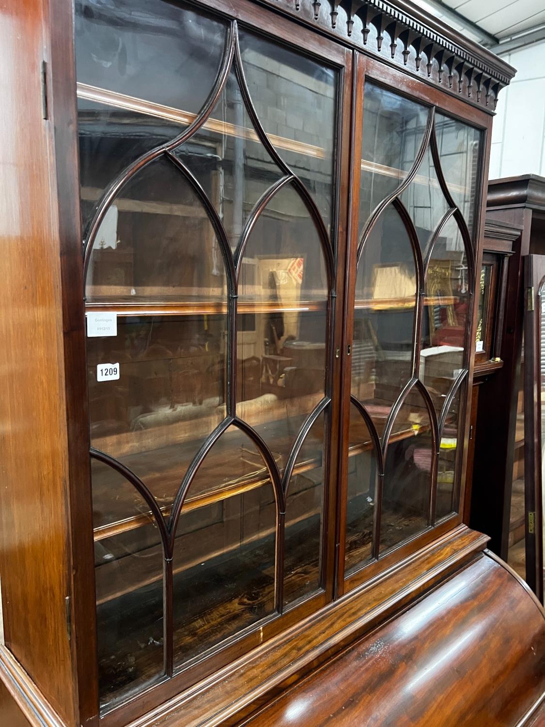 A George III mahogany cylinder bureau bookcase with glazed panelled doors, width 115cm, depth - Image 2 of 4