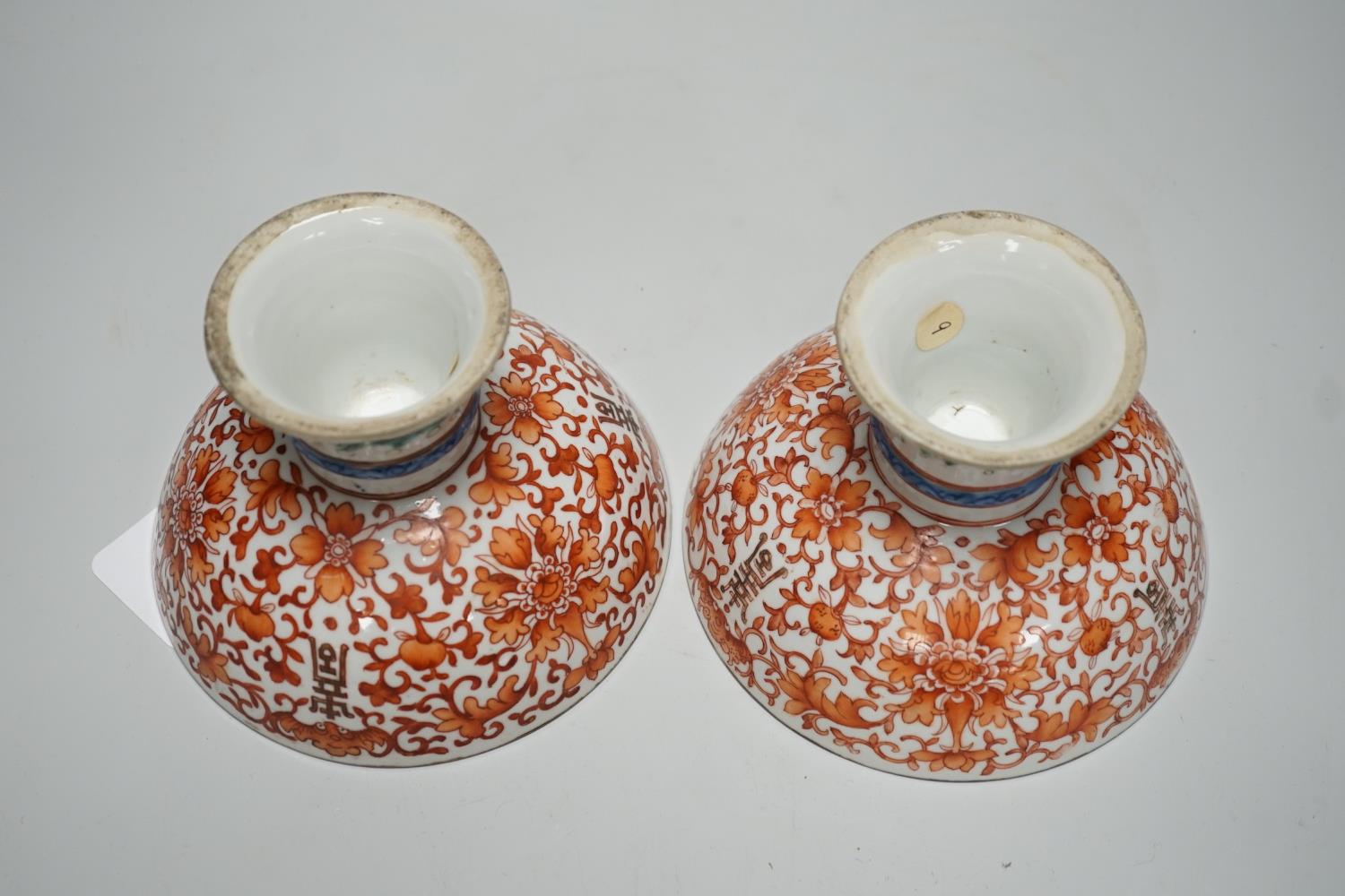 A large pair of 19th century Chinese stem bowls, painted with bats, Shou and lotus flowers, 12cm - Image 5 of 5