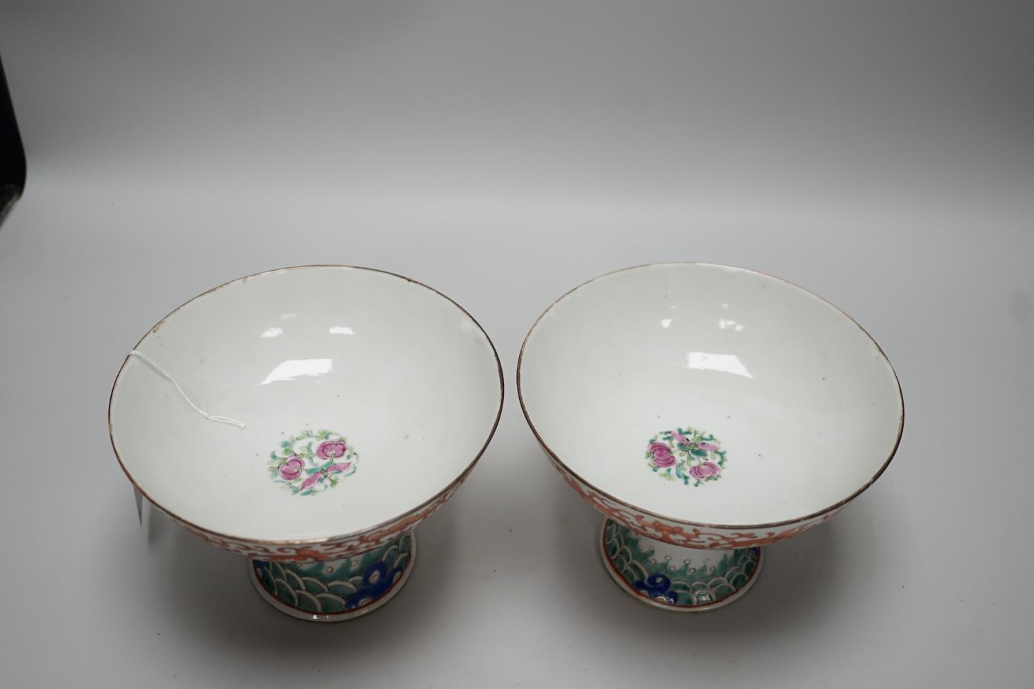 A large pair of 19th century Chinese stem bowls, painted with bats, Shou and lotus flowers, 12cm - Image 3 of 5