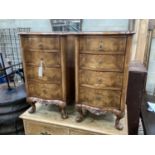 A pair of Queen Anne revival walnut serpentine four drawer bedside chests, width 38cm, depth 43cm,