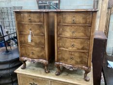 A pair of Queen Anne revival walnut serpentine four drawer bedside chests, width 38cm, depth 43cm,