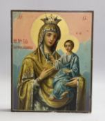A Russian painted wood icon of Virgin and child, 22.5x18cm