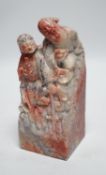 A large Chinese ‘chicken blood’ soapstone seal, Qing dynasty. 15cm