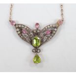 A late Victorian 9ct and white metal. peridot, pink topaz? and rose cut diamond set pendant necklace