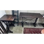 Two Victorian style cast metal stained wood topped tavern tables, larger width 120cm, depth 60cm,