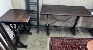 Two Victorian style cast metal stained wood topped tavern tables, larger width 120cm, depth 60cm,