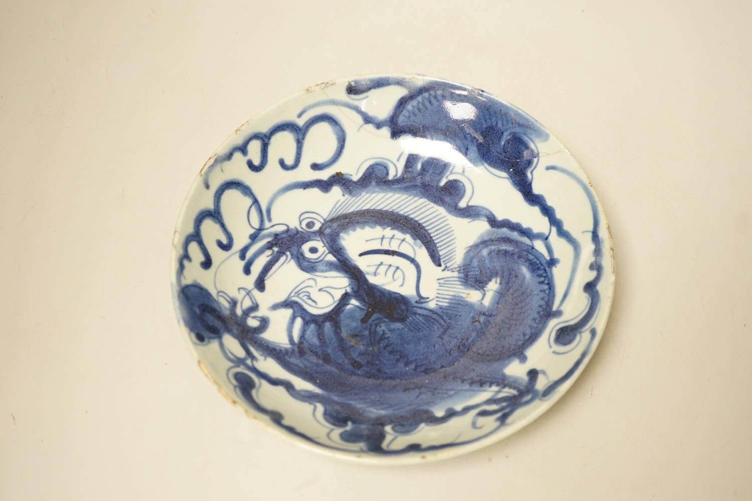 Two 19th century Chinese blue and white dishes and two 18th century tea bowls, largest 23cm - Image 12 of 18