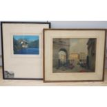 French School, coloured etching, 'Chateau de Chillon, Switzerland', 16 x 21cm, and a Medici print