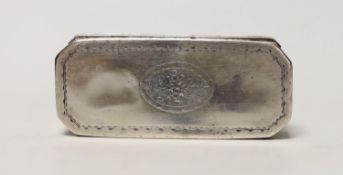 An early 19th century Dutch? engraved white metal rectangular snuff box, with canted corners,