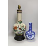 A Chinese crackle glaze ‘phoenix’ vase mounted as a lamp and a similar blue and white bottle vase