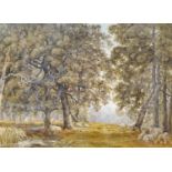 Attributed to George Barrett (1767-1842), watercolour, Sheep in woodland, J. Davey & Sons label