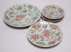 Five 19th century Chinese celadon glazed famille rose dishes, largest 23.5 cm