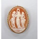 A modern 9ct gold mounted oval cameo shell pendant brooch, carved with The Three Graces, 41mm, gross